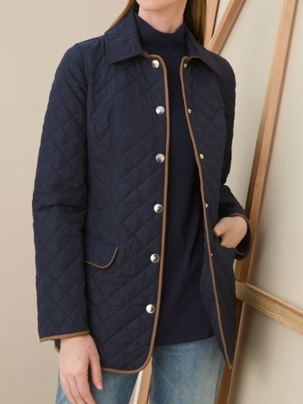 Chico' Deep Indigo Chambray Quilted Barn Jacket Blue Faux Leather Size 1 US 8/10